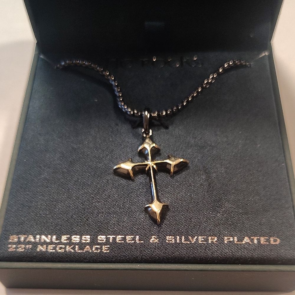 Rocks Silver-Tone Cross Pendant Necklace